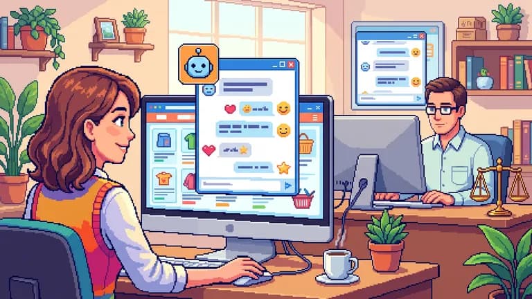 Illustration pixel art : une cliente échange avec un agent IA identifié par un badge, sous l'œil d'un superviseur humain.