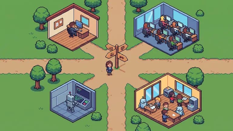 Illustration pixel art : un dirigeant de PME choisit entre recrutement, externalisation et agents IA supervisés.