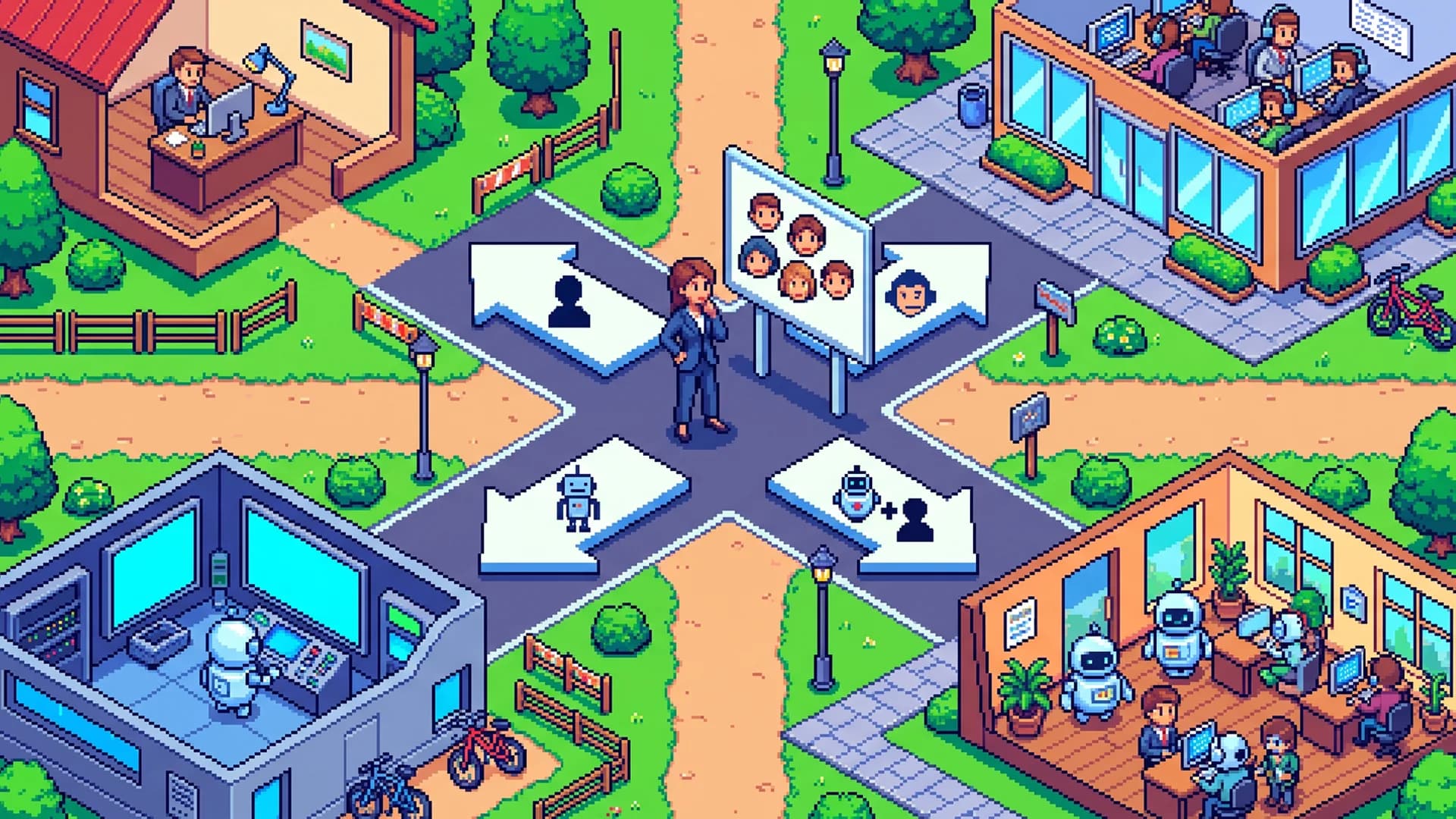Illustration pixel art : un dirigeant de PME choisit entre recrutement, externalisation et agents IA supervisés.