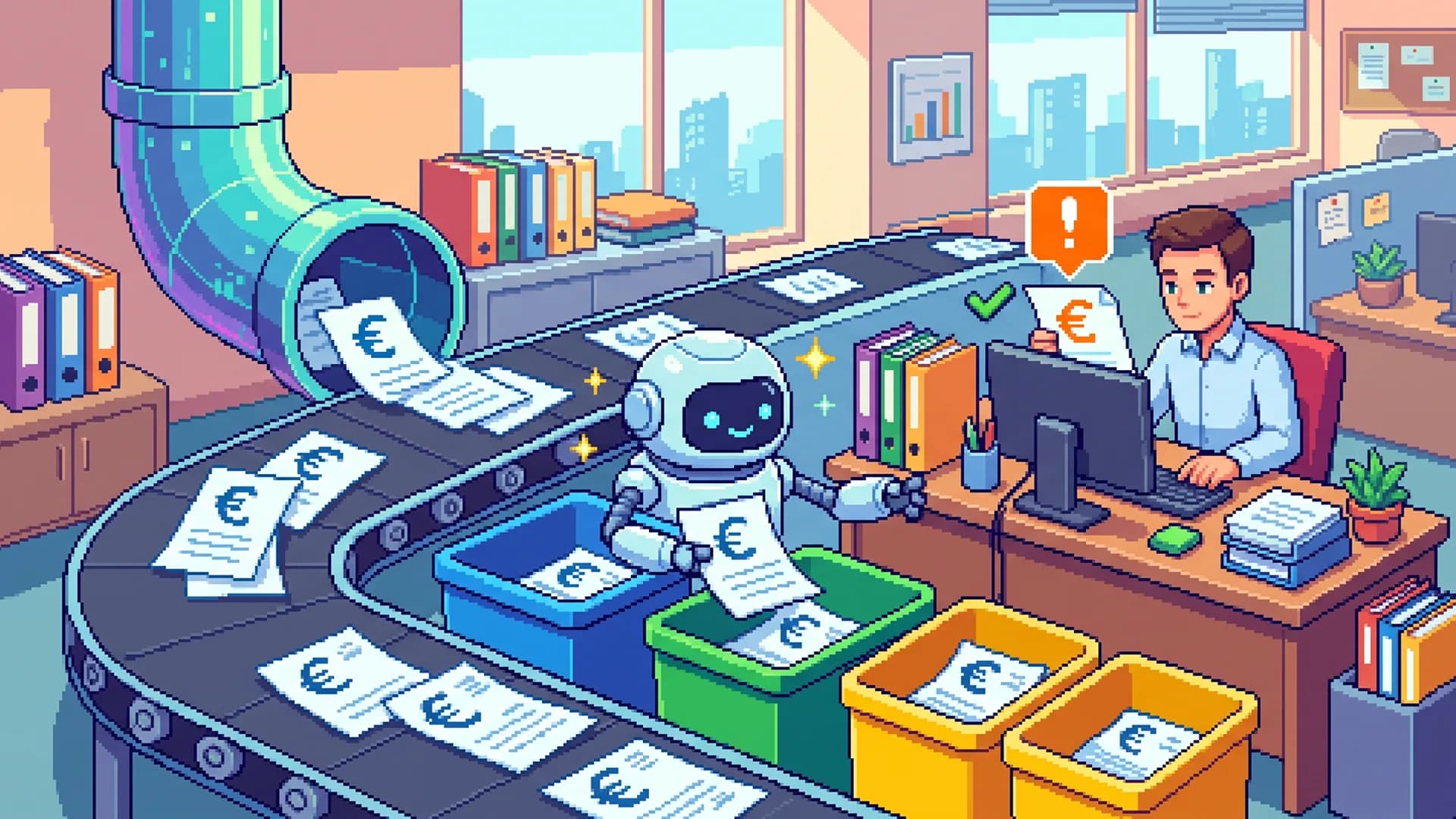 Illustration pixel art : un agent IA trie des factures électroniques sur un tapis roulant, sous le contrôle d'un humain.