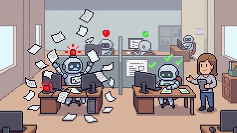 Illustration pixel art : un agent IA débordé, et une superviseure humaine qui valide le travail d'un autre agent IA.