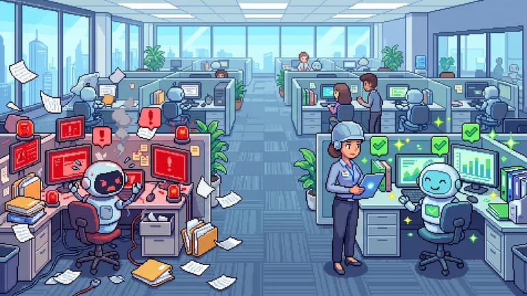 Illustration pixel art : un agent IA débordé, et une superviseure humaine qui valide le travail d'un autre agent IA.